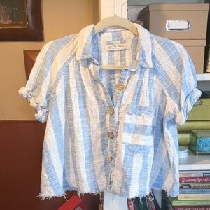 Free People Away At Sea Stripe Cropped Button Up Shirt With Raw Hem Size Small
